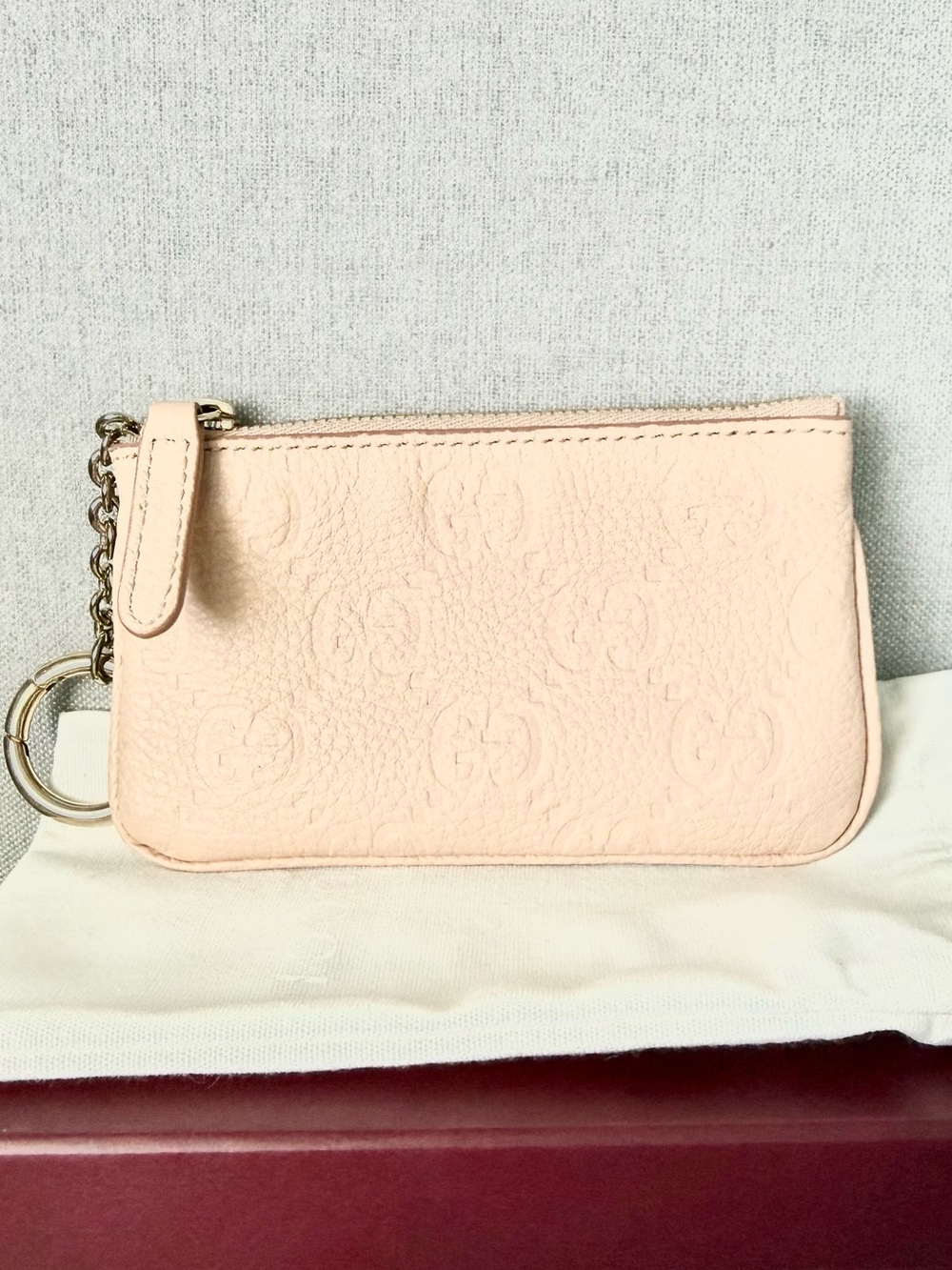 Pale Pink Embossed Leather Zip Pouch with Gold Chain